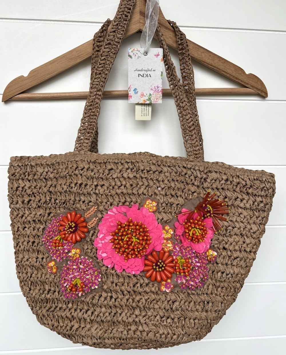Floral Beaded Paper Raffia Tote Bag Handmade India Boho Embellished Beach Artsy